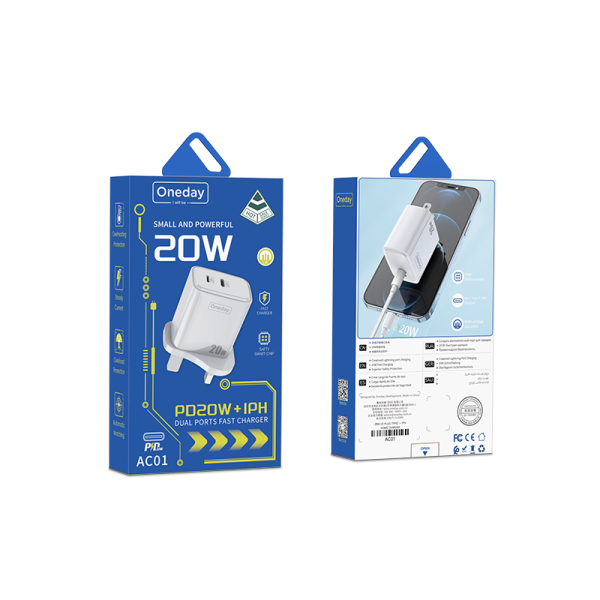 AC01 20W T-ypec + LIGHTN ING dual port Charger UK PLUG - 图片 5