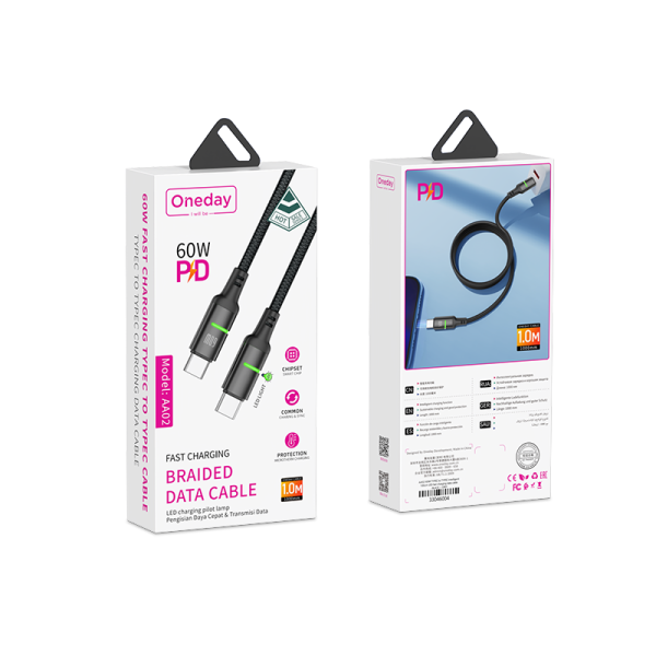 AA02 60W T-ypec to T-ypec intelligent 100cm LED fast charging data cable - 图片 4