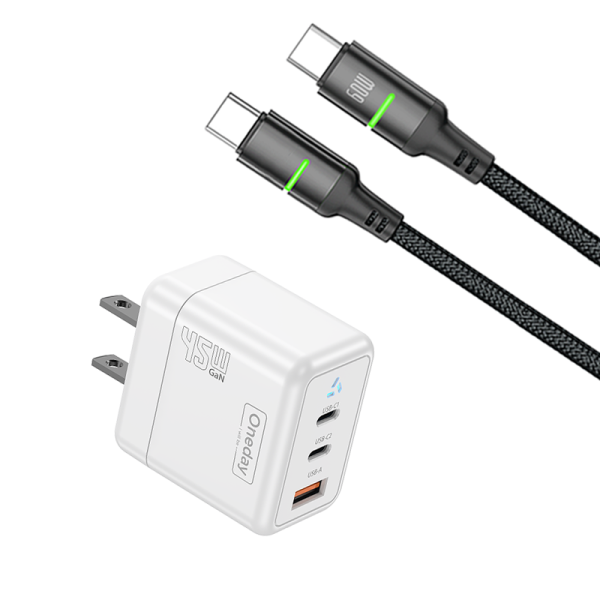 DC02 With T-ypec to T-ypec cable  45W USB + T-ypec + T-ypec three port GaN Charger US PLUG
