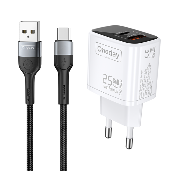 EC01 With USB to T-ypec cable  25W USB + T-ypec dual port GaN Charger EU PLUG - 图片 2