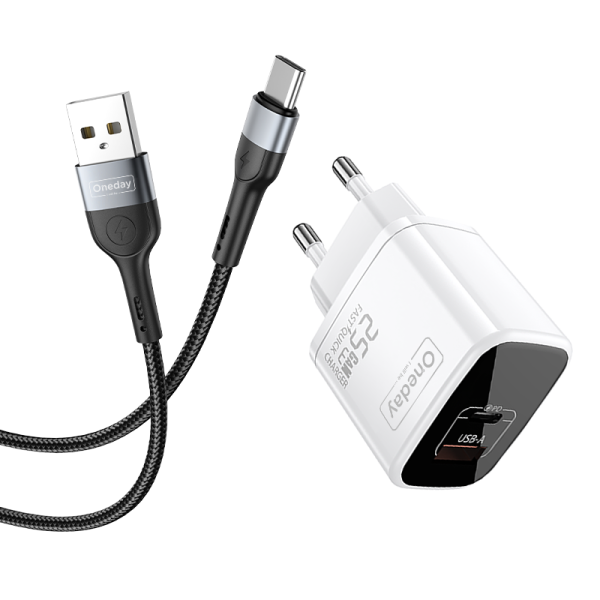 EC01 With USB to T-ypec cable  25W USB + T-ypec dual port GaN Charger EU PLUG