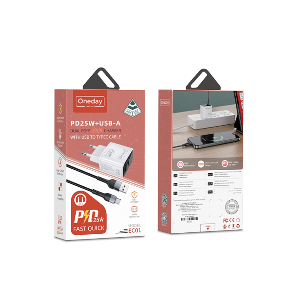 EC01 With USB to T-ypec cable  25W USB + T-ypec dual port GaN Charger EU PLUG - 图片 5