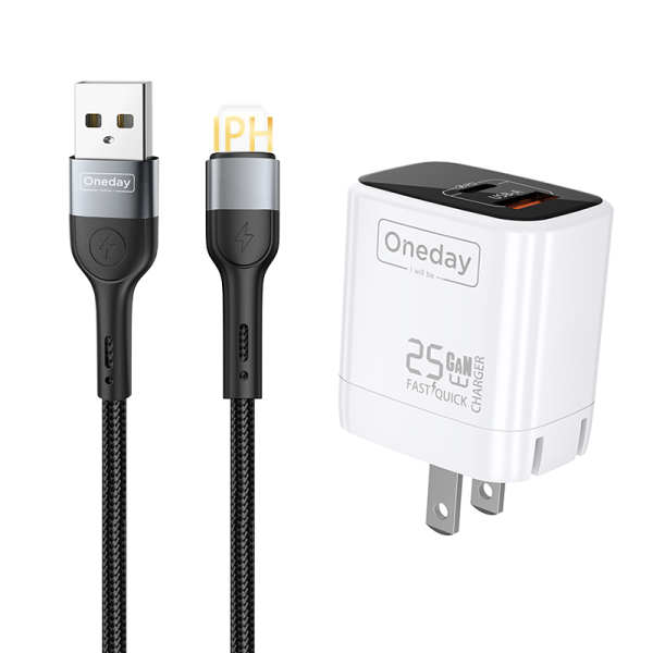 EC01 With USB to IPH cable 25W USB + T-ypec dual port GaN Charger US PLUG - 图片 2