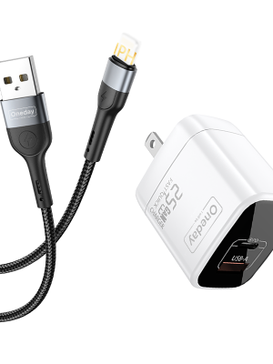 EC01 With USB to IPH cable 25W USB + T-ypec dual port GaN Charger US PLUG
