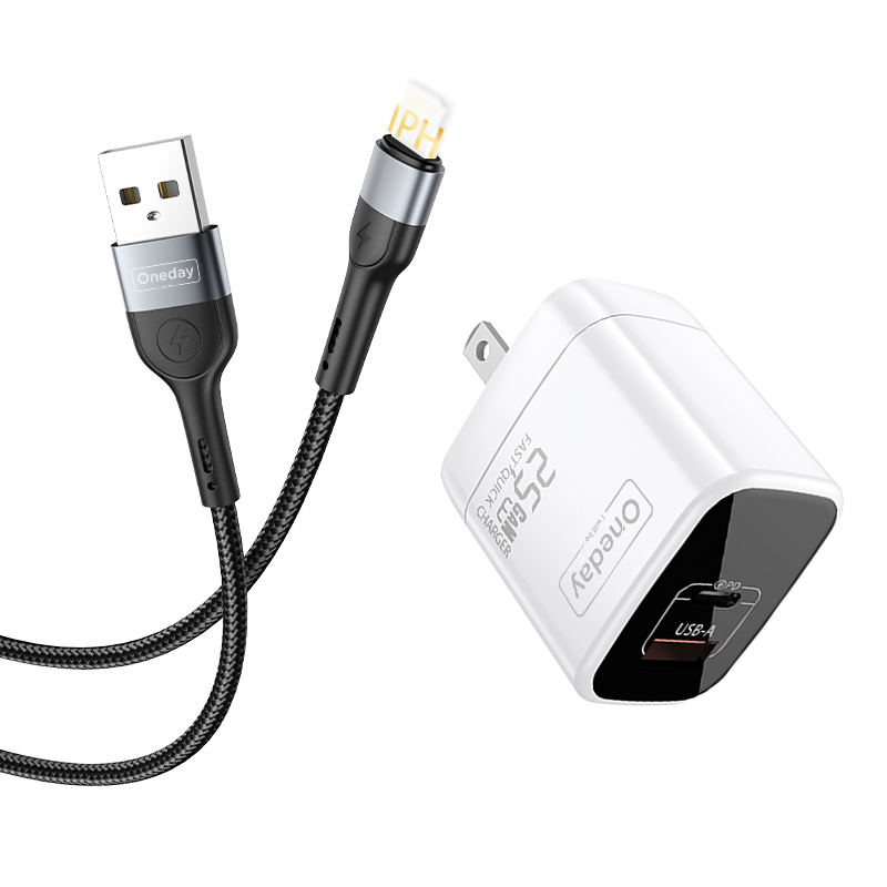 EC01 With USB to IPH cable 25W USB + T-ypec dual port GaN Charger US PLUG