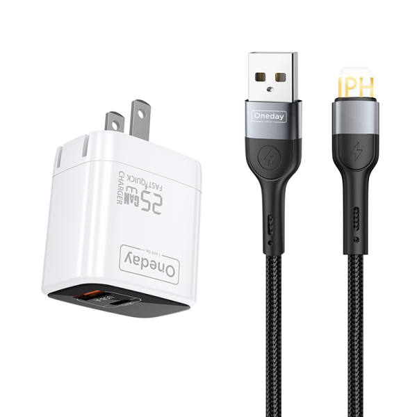 EC01 With USB to IPH cable 25W USB + T-ypec dual port GaN Charger US PLUG - 图片 3