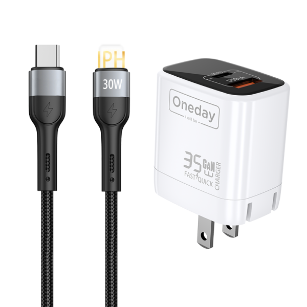EC02 With Typec to IPH cable 35W USB + TYPEC  dual port GaN Charger US PLUG