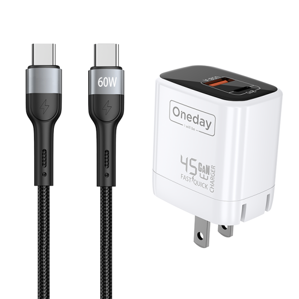 EC03 With T-ypec to T-ypec cable  45W USB + T-ypec dual port GaN Charger US PLUG