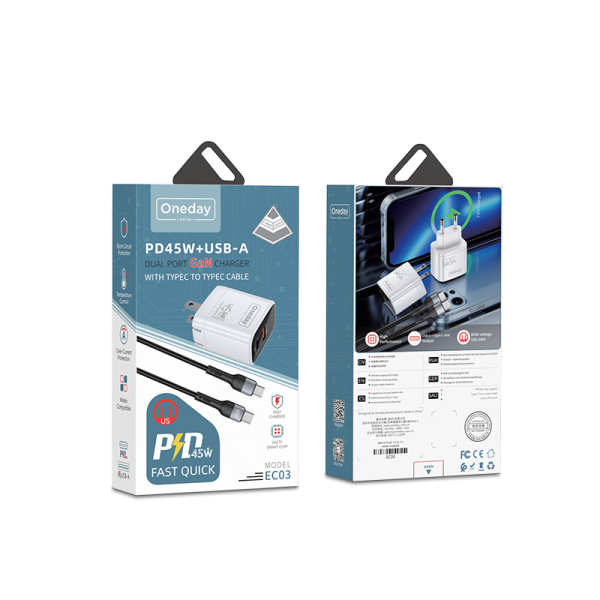 EC03 With T-ypec to T-ypec cable  45W USB + T-ypec dual port GaN Charger US PLUG - 图片 5