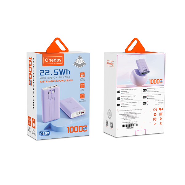 OB09 10000MAH 22.5W  T-ypec + IPH cable  Fast charging power bank - 图片 5
