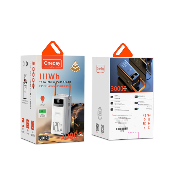 OB12 30000MAH 22.5W LED light 4 in 1 cable  Fast charging power bank - 图片 5