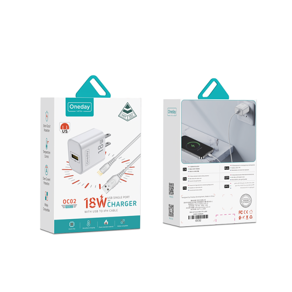OC02 With USB to IPH cable  18W USB  single port Charger US PLUG - 图片 5