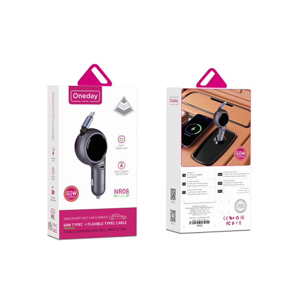 NR08 60W TYPEC + Flaxible T-ypec cable singleport fast car charger - 图片 5
