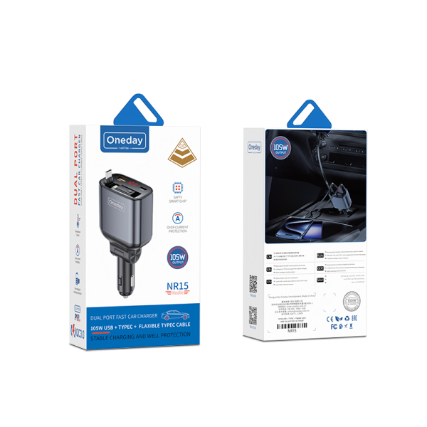 NR15 105W USB + T-ypec + Flexible T-ypec cable two port fast car charger - 图片 5